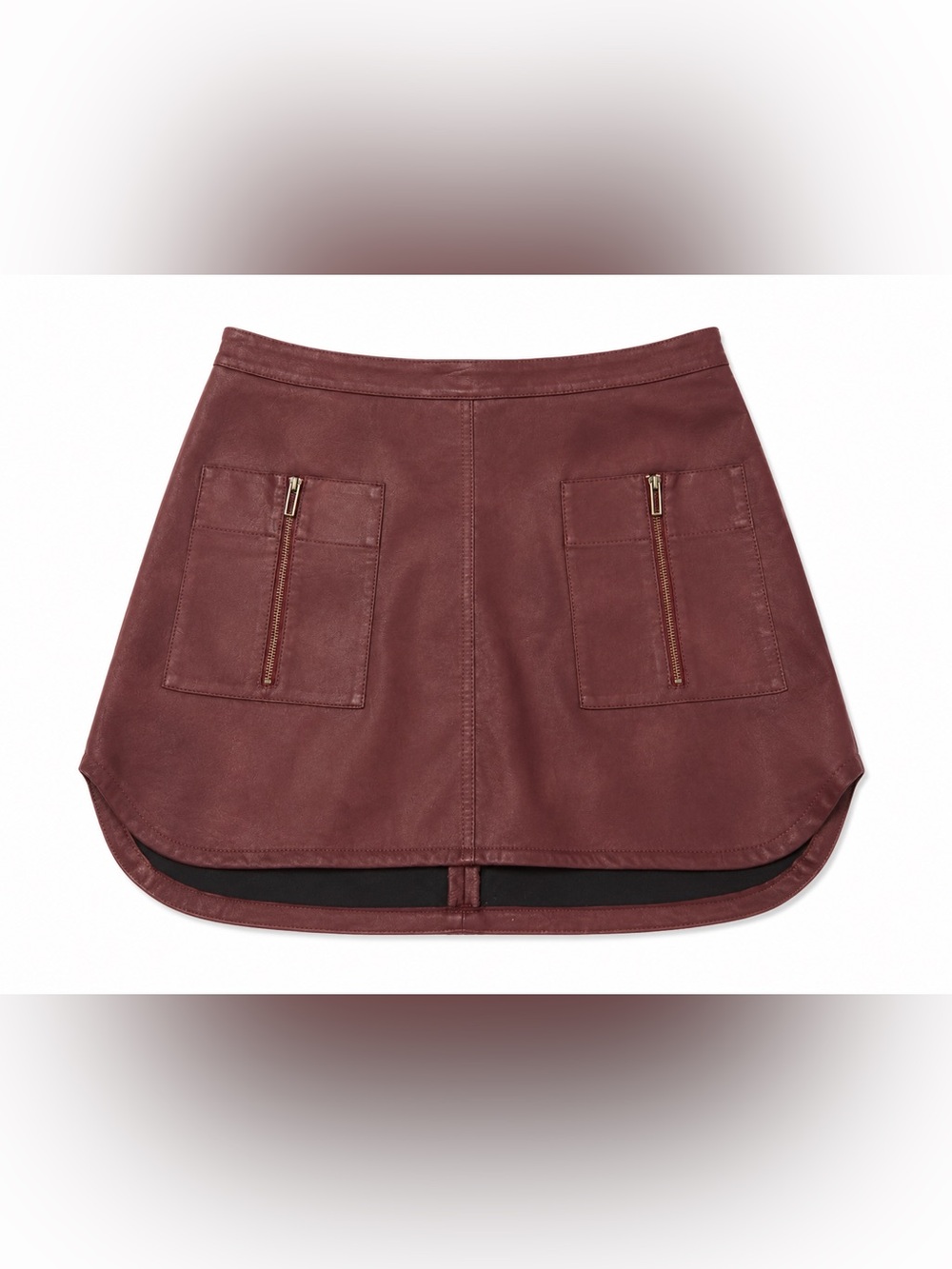 BCBGMaxAzria Burgundy Leather-Look Mini Skirt with Front Zipper Pockets
